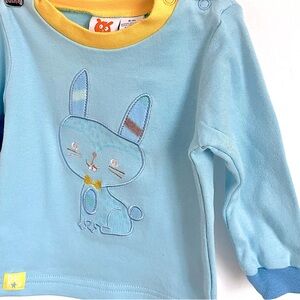 10/$35💥🐰 Bunny Unisex Embroidery Tee, Bright Yellow Trim & Blue, Rococo